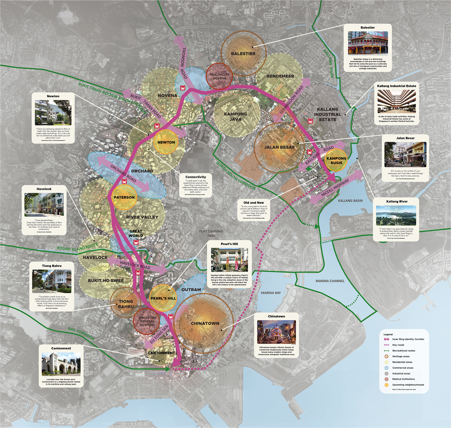 Map of Singapore neighborhoods featuring the Inner Ring Identity Corridor, highlighting key roads, recreational routes, and area types in color-coded legends.